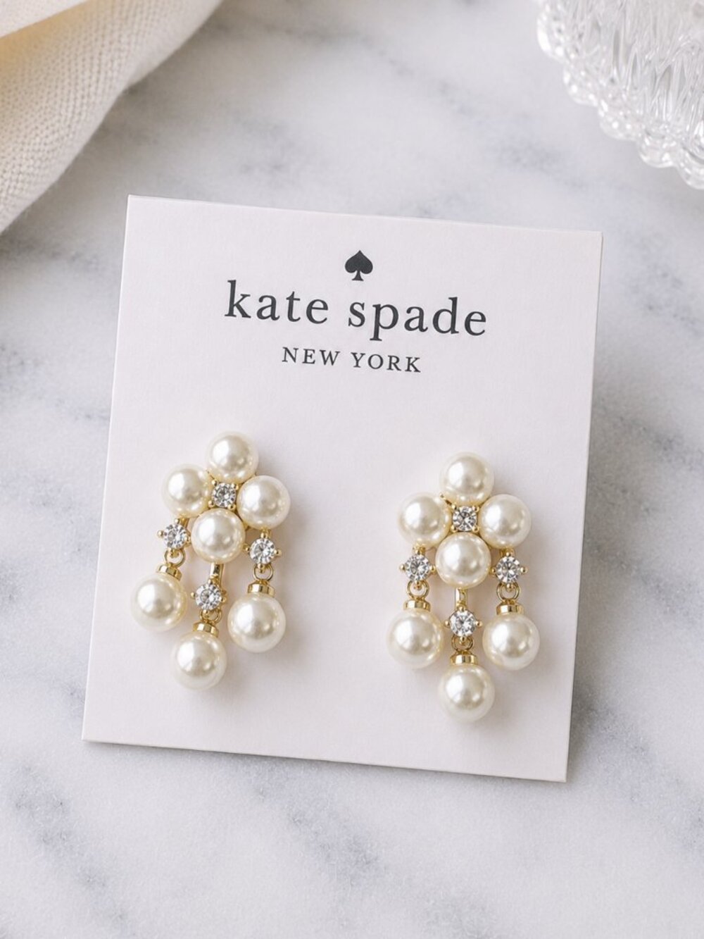 Kate Spade Pearl Chandelier Earrings Crystal Flower Drop Statement Earrings🤍